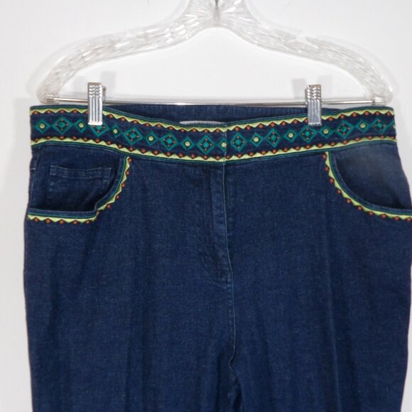 ANN TRINITY Blue Denim Jeans Green and Teal Embroidered Wide Waistband 16 - Picture 5 of 9
